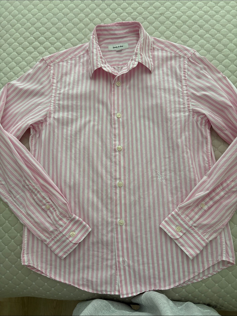 Sporty & Rich Pink and White Vertical Stripe Button-Down Shirt